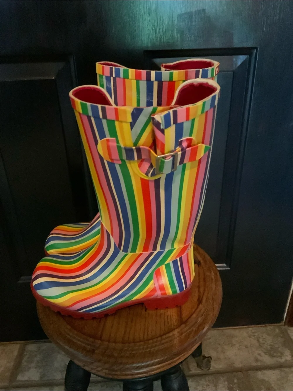 JC Rubber Boots Rainbow VerticalStripes Whimsical Fun Rainboots Size 7 Women’s